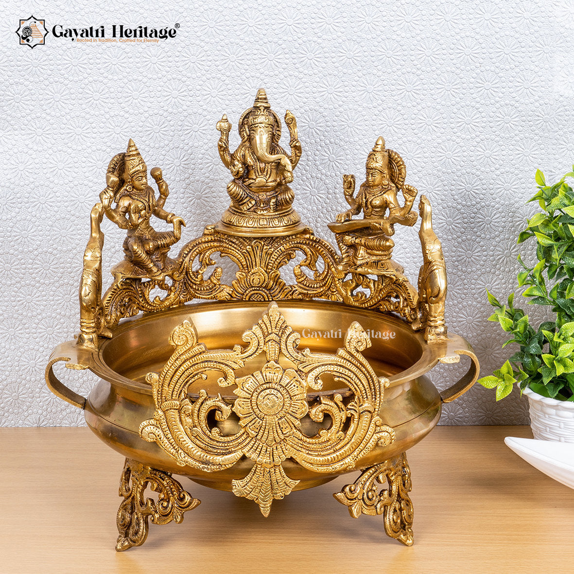Brass Ganesh Laxmi Saraswati Urli – Divine Trio for Blessings | Gayatri Heritage