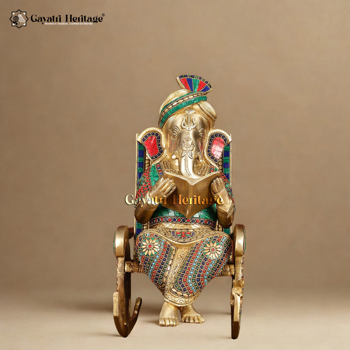 Brass Ganesh Reading Book on Chair – Symbol of Wisdom and Knowledge | Gayatri Heritage