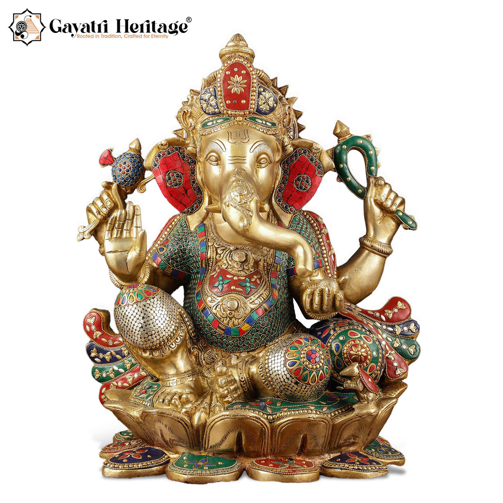 Brass Chaturbhuja Ganesha with Stone Work – Blessings | Gayatri Heritage