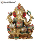 Brass Chaturbhuja Ganesha with Stone Work – Blessings | Gayatri Heritage