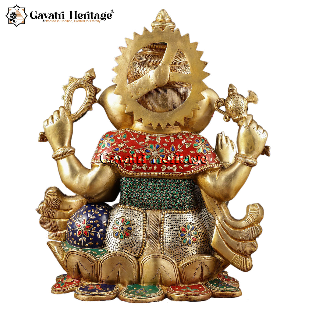 Brass Chaturbhuja Ganesha with Stone Work – Blessings | Gayatri Heritage