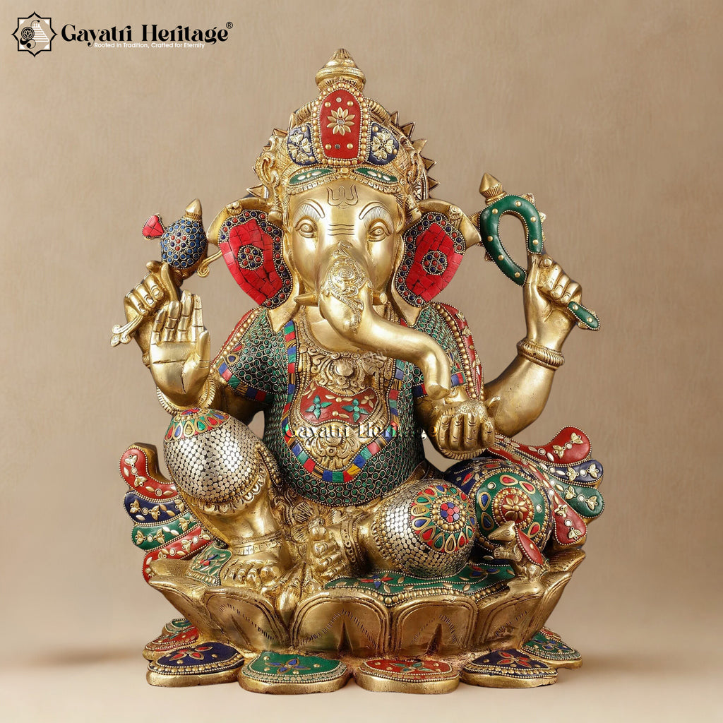 Brass Chaturbhuja Ganesha with Stone Work – Blessings | Gayatri Heritage