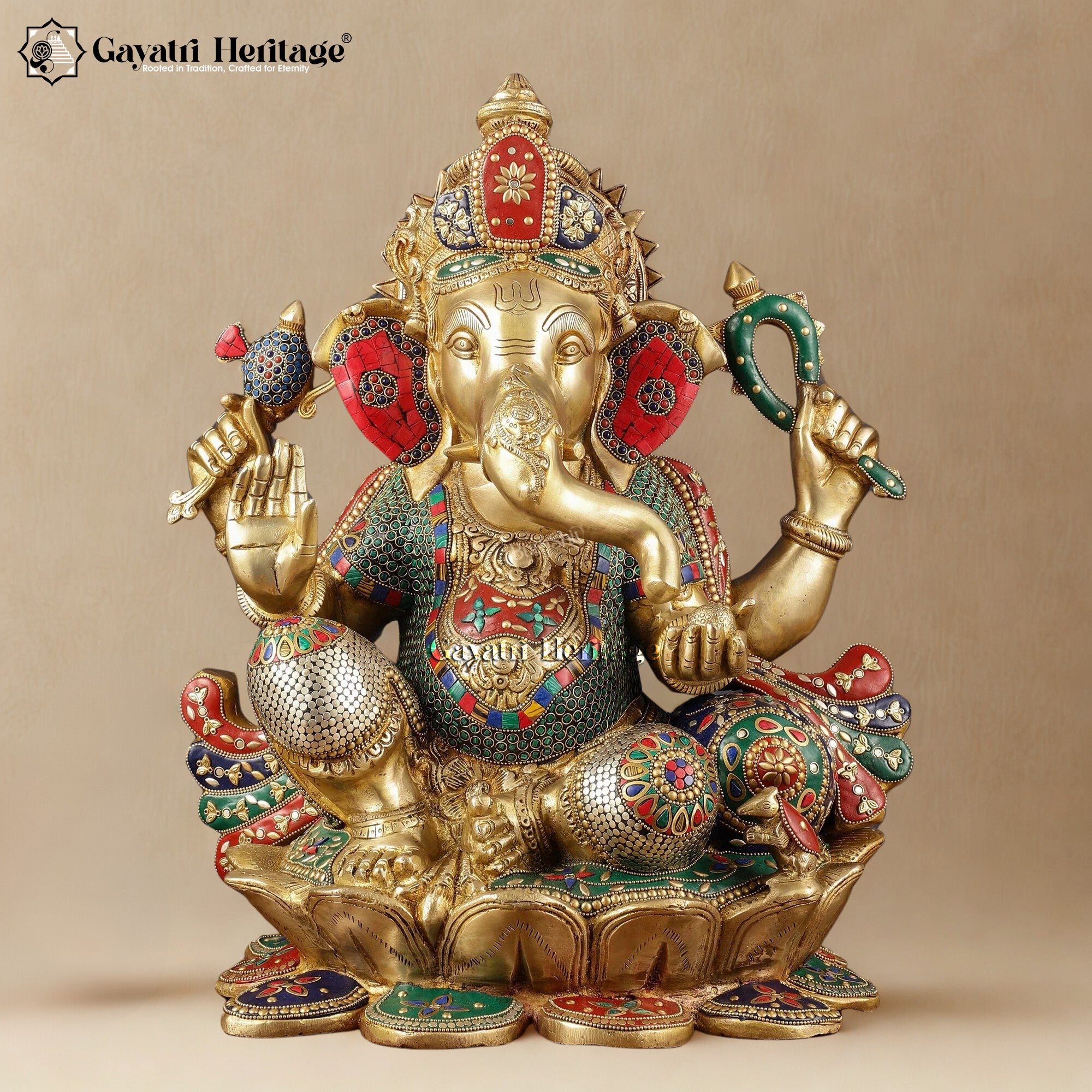 Brass Chaturbhuja Ganesha with Stone Work – Blessings | Gayatri Heritage