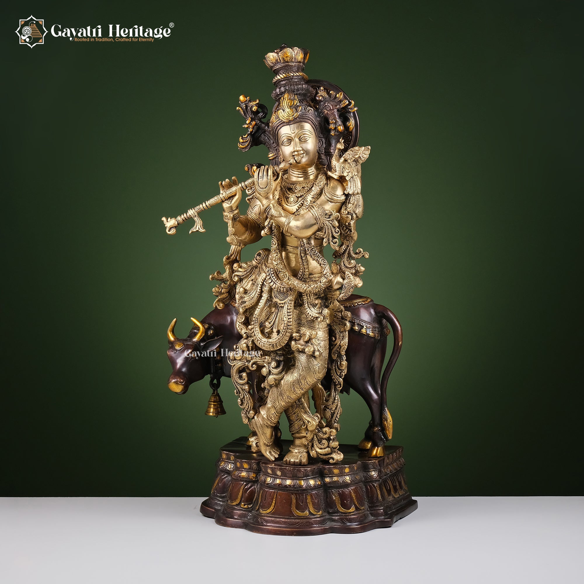 Brass Krishna with Cow – Black Antique Finish Idol | Gayatri Heritage