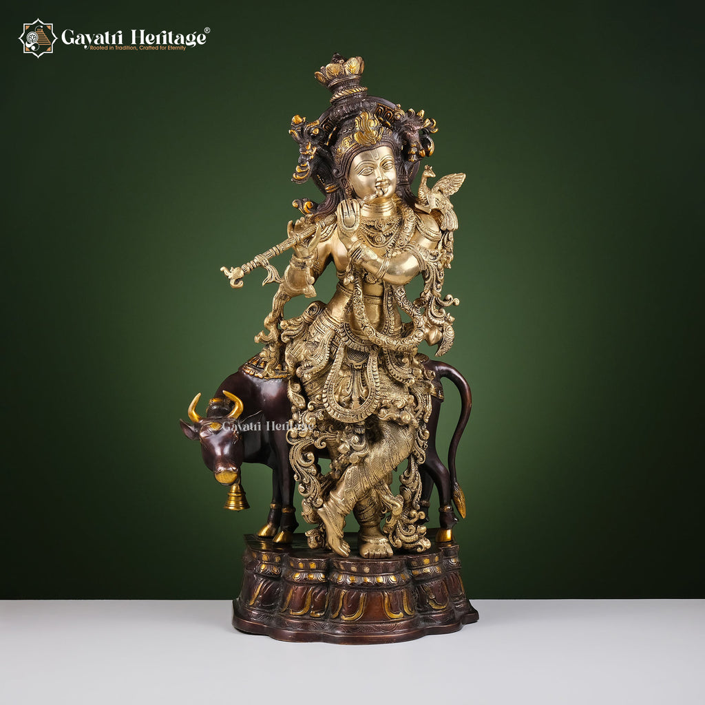 Brass Krishna with Cow – Black Antique Finish Idol | Gayatri Heritage