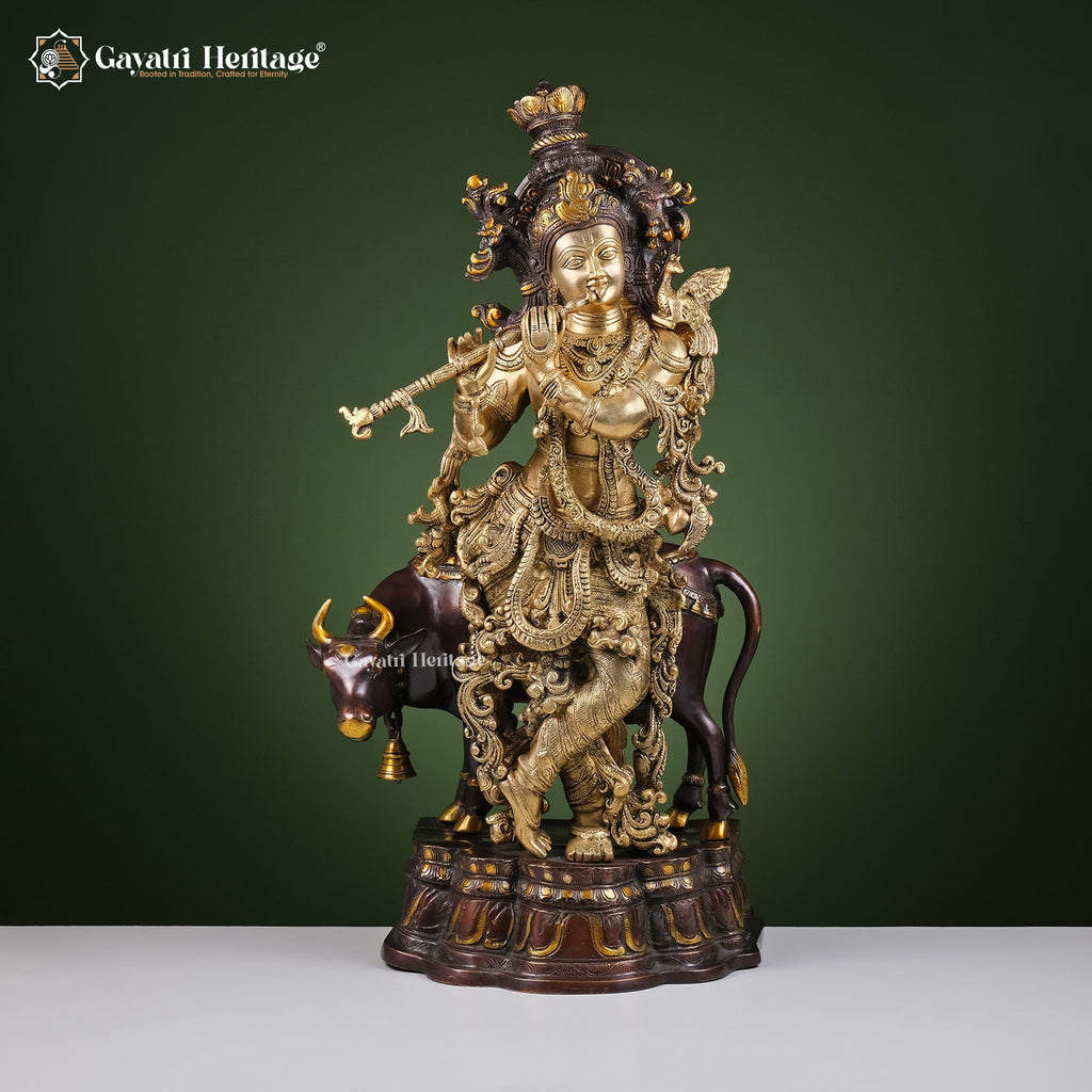 Brass Krishna with Cow – Black Antique Finish Idol | Gayatri Heritage