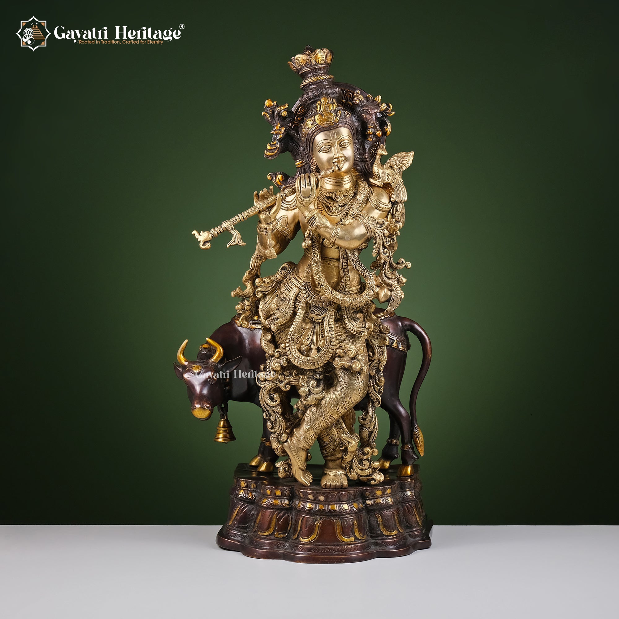 Brass Krishna with Cow – Black Antique Finish Idol | Gayatri Heritage
