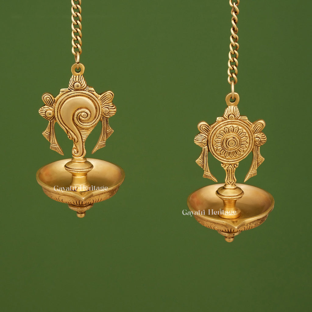 Brass Shankh Chakra Diya – Spiritual Oil Lamp for Pooja | Gayatri Heritage