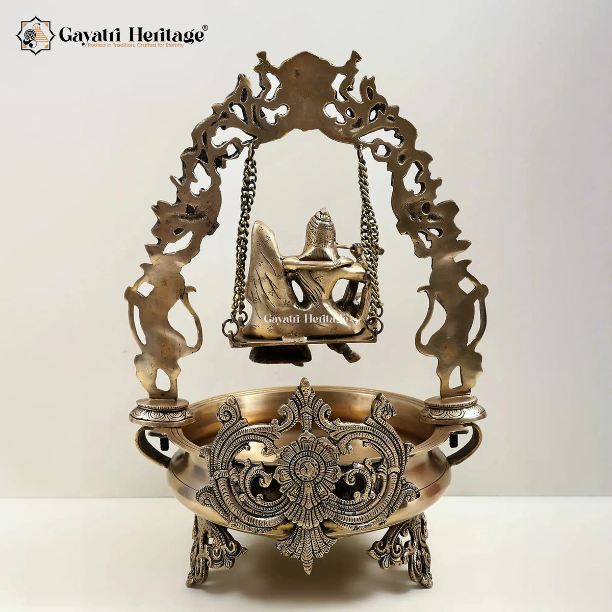 Brass Radha Krishna Swing Urli – Traditional Divine Décor | Gayatri Heritage