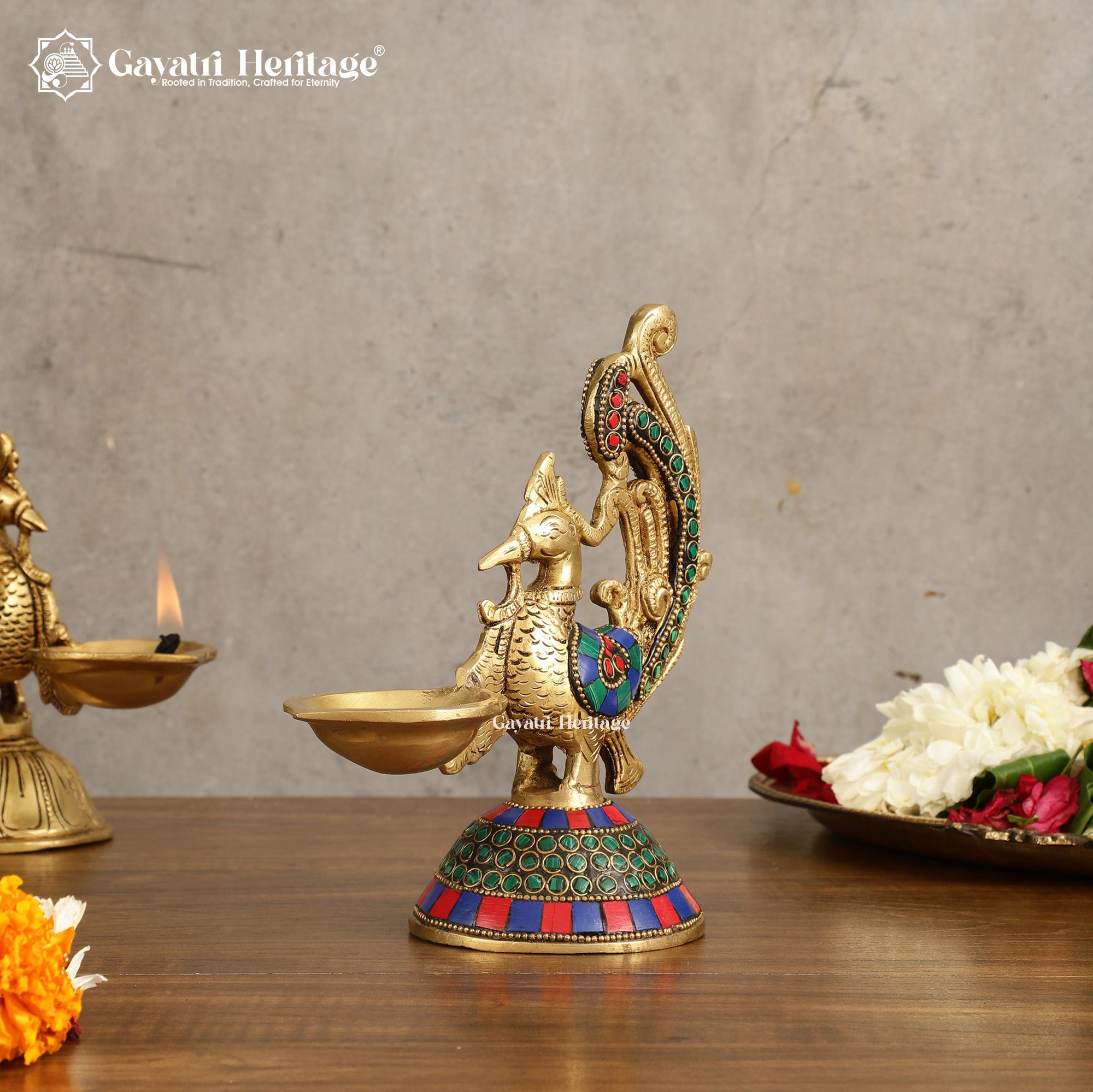 Brass Peacock Diya in Stone Work – Elegant Lighting Decor | Gayatri Heritage