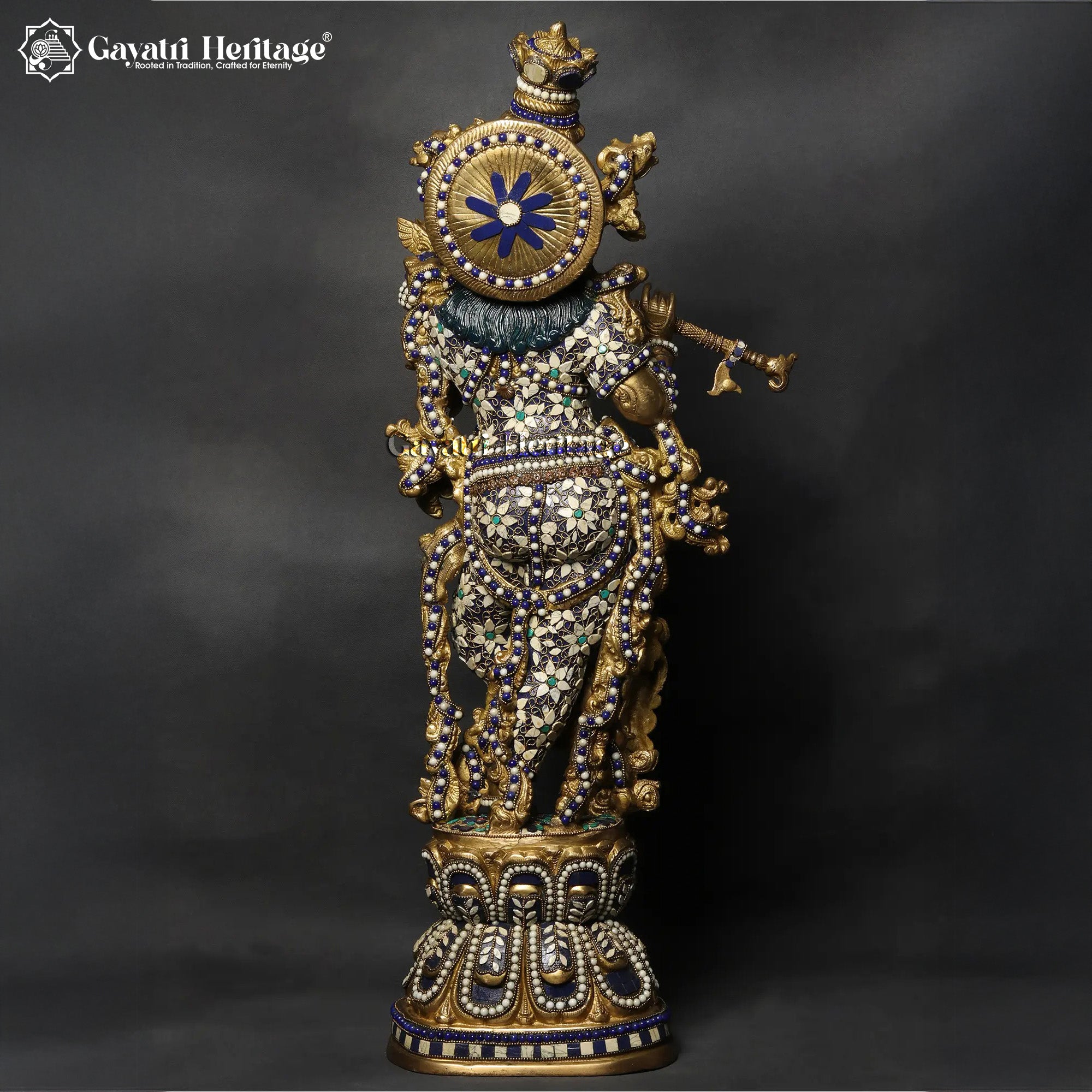 29" Krishna Brass Statue – Flute Playing Idol Inlay Work | Gayatri Heritage