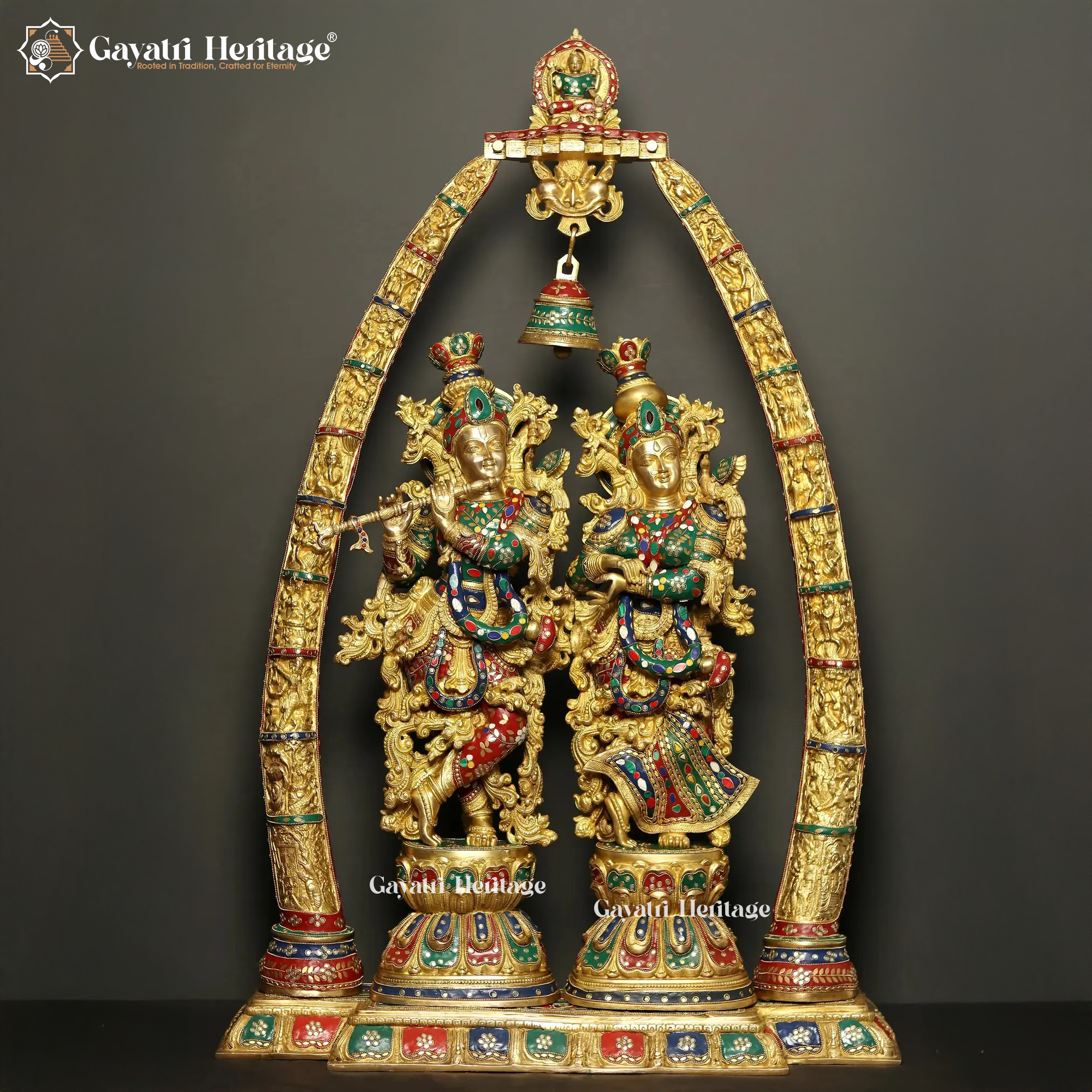 Brass Radha Krishna with Arch – Exquisite Stone Work Idol