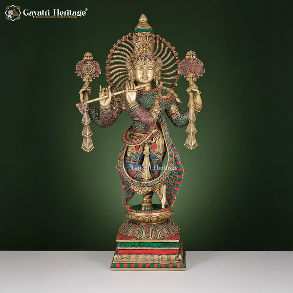 Brass Krishna Statue – Stone Work Bal Gopal Idol | Gayatri Heritage