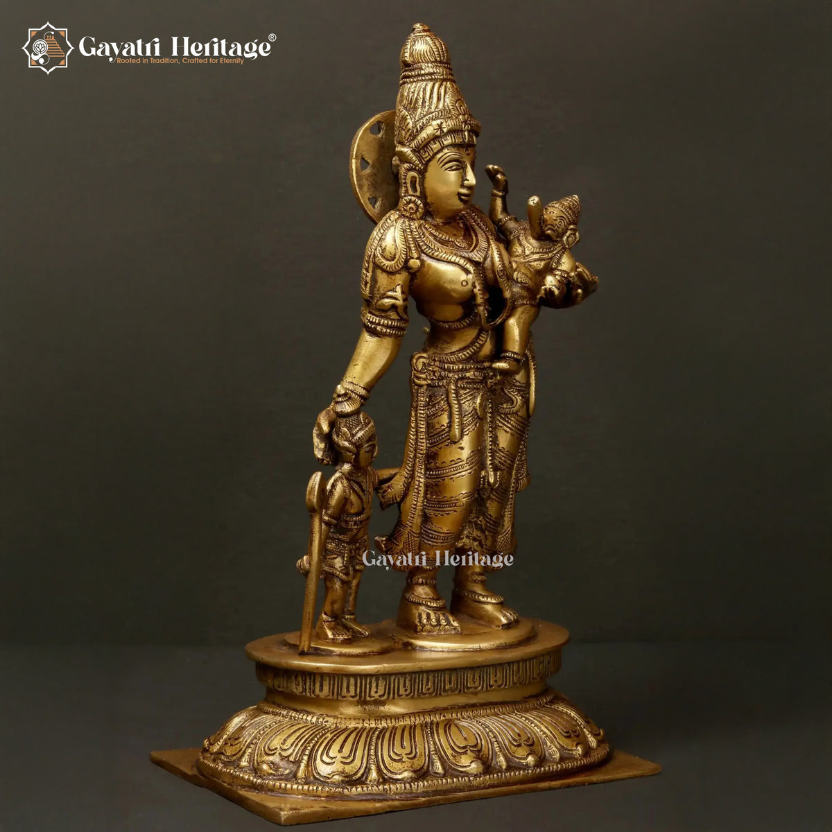 Brass Mata Parvati with Murugan & Vinayagar Idol – Divine Trio for Worship | Gayatri Heritage