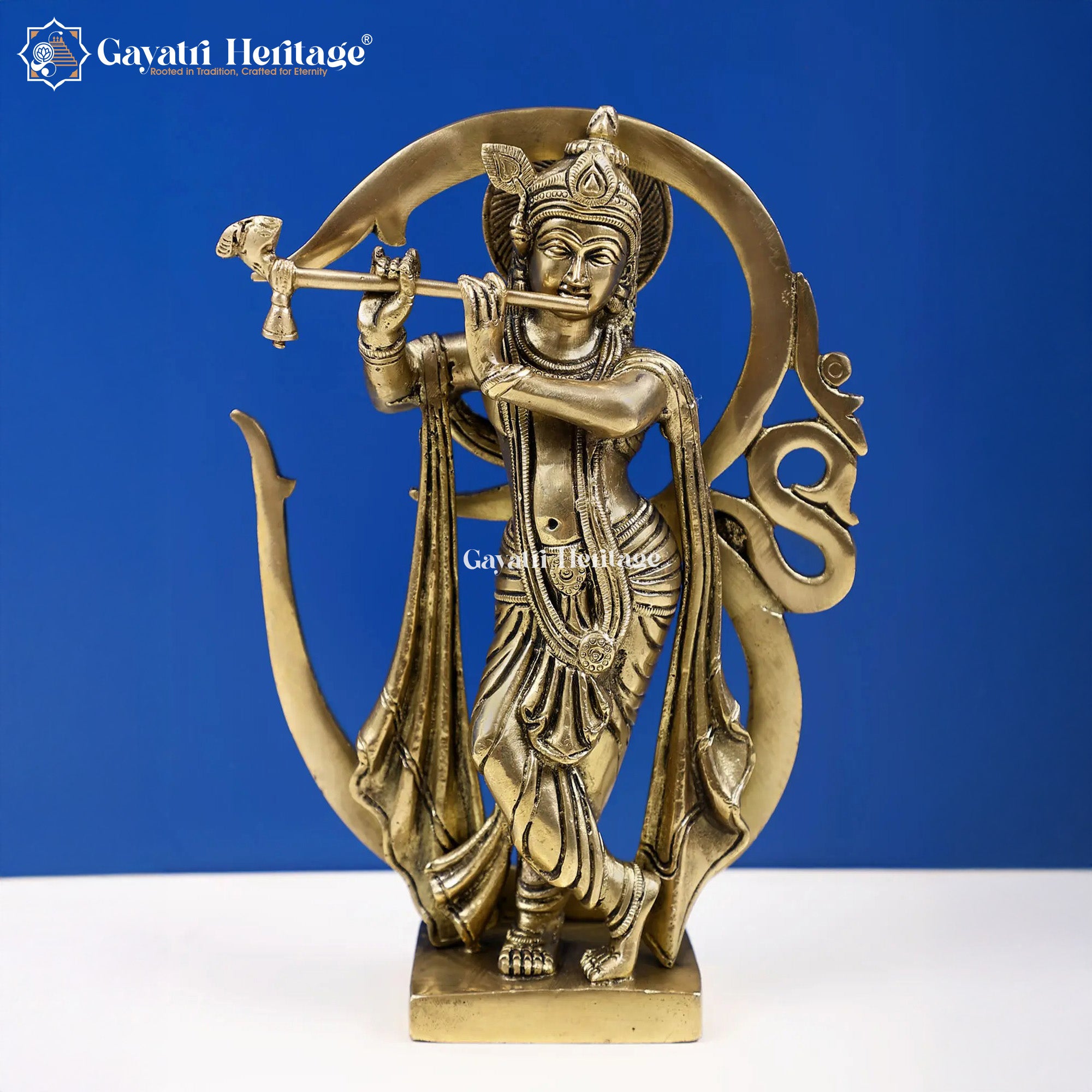 Brass Krishna Idol with Om Back – Divine Harmony Décor | Gayatri Heritage