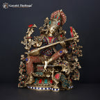 Brass Saraswati Idol with Stone Work – Divine Wisdom Statue | Gayatri Heritage
