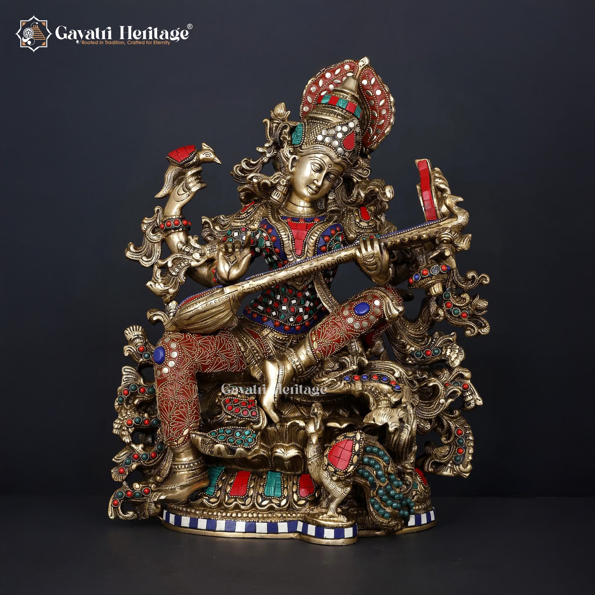 Brass Saraswati Idol with Stone Work – Divine Wisdom Statue | Gayatri Heritage