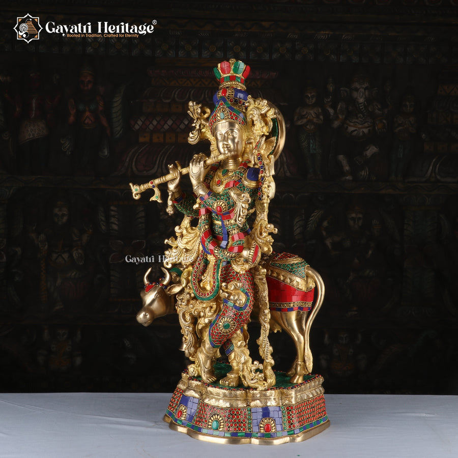Brass Krishna with Cow – Intricate Stonework Statue | Gayatri Heritage
