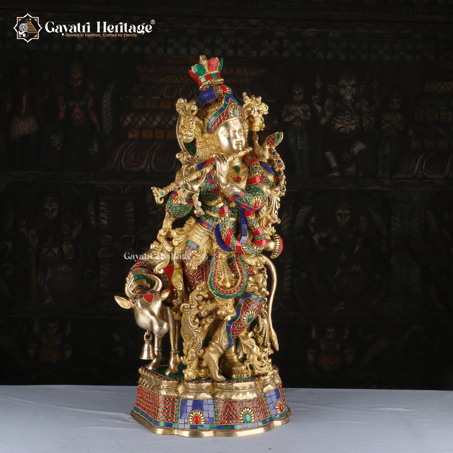 Brass Krishna with Cow – Intricate Stonework Statue | Gayatri Heritage