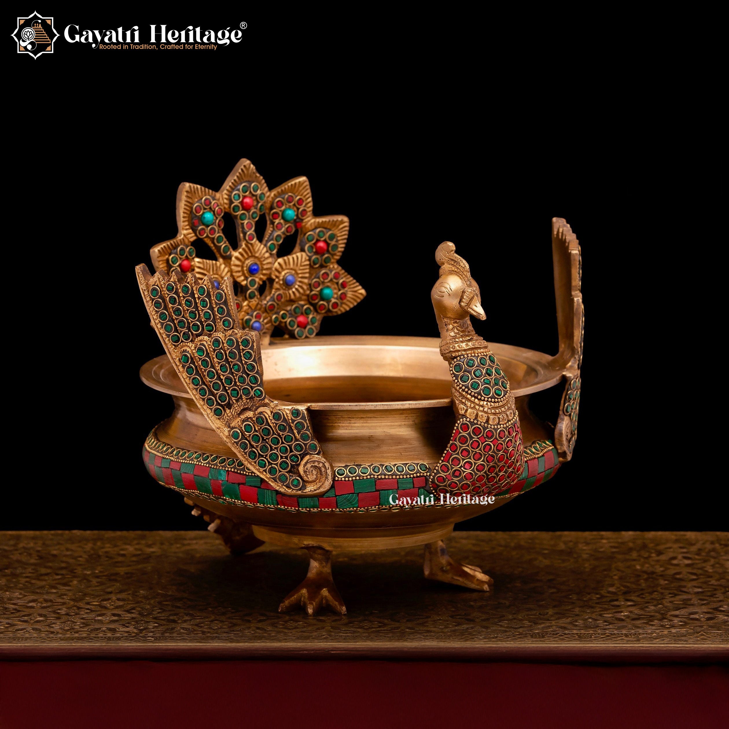 Brass Peacock Design Urli – Exquisite Stone Work Décor | Gayatri Heritage