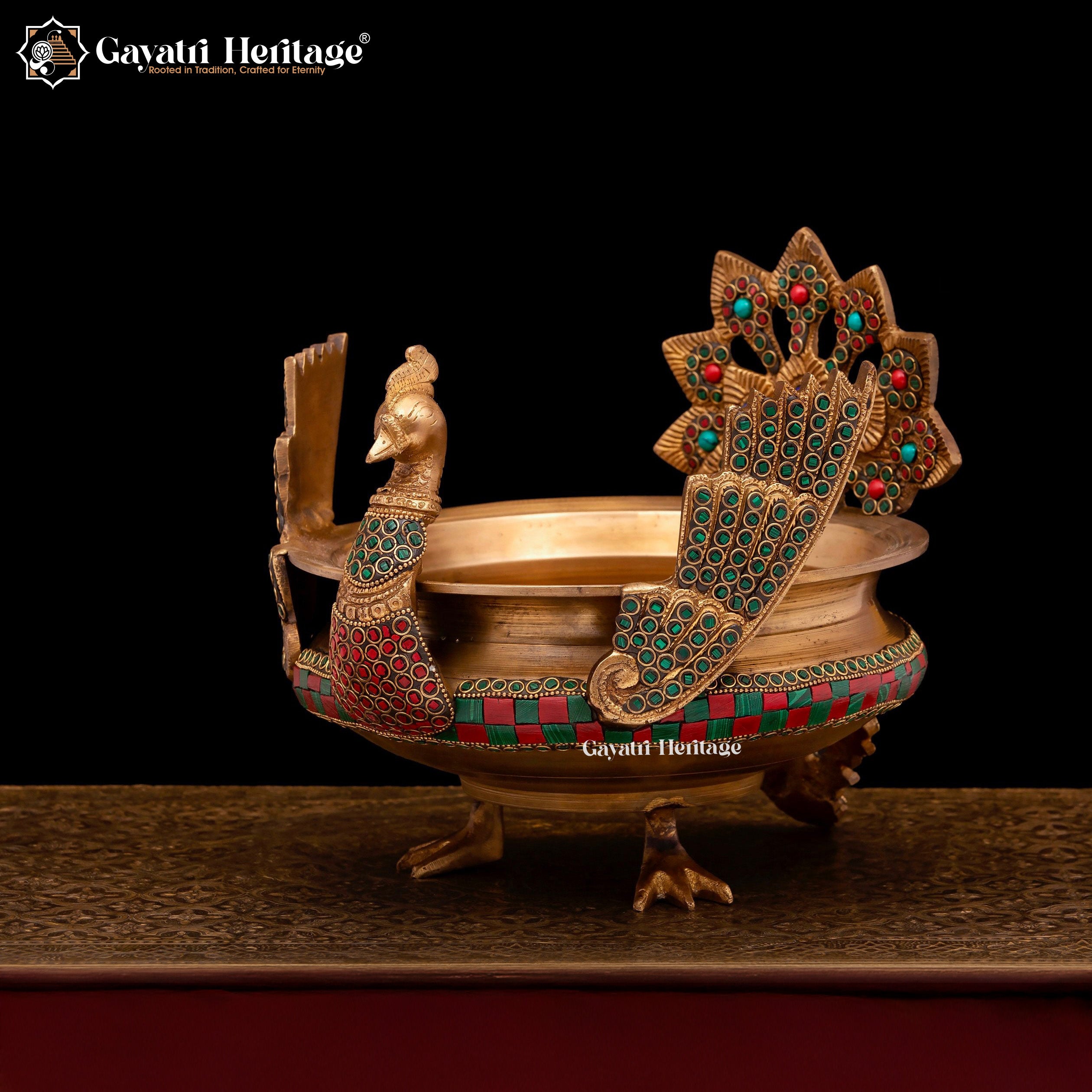 Brass Peacock Design Urli – Exquisite Stone Work Décor | Gayatri Heritage