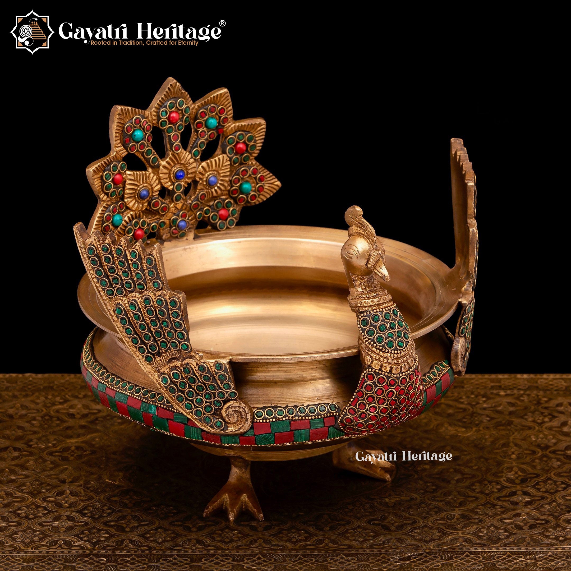 Brass Peacock Design Urli – Exquisite Stone Work Décor | Gayatri Heritage