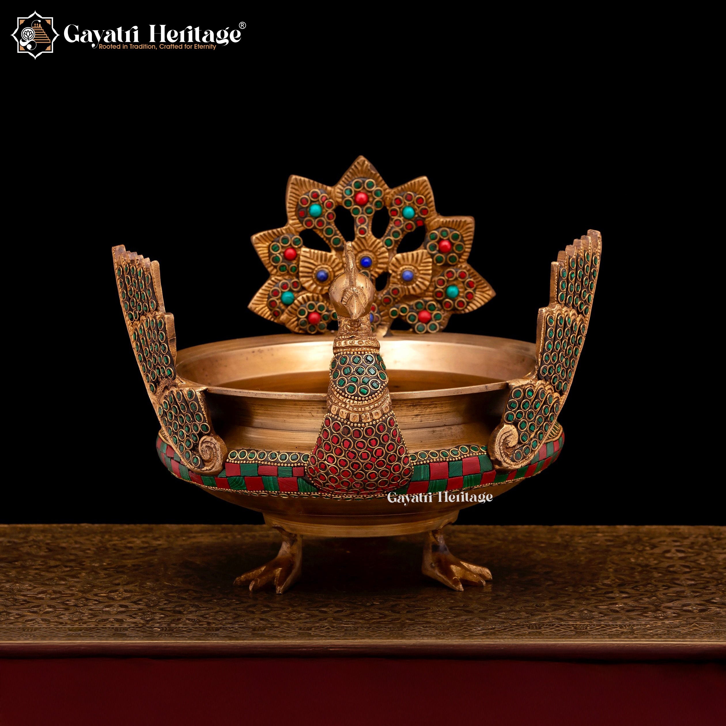 Brass Peacock Design Urli – Exquisite Stone Work Décor | Gayatri Heritage