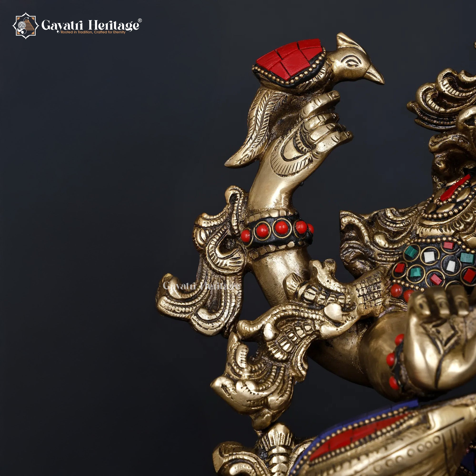 Brass Saraswati Idol with Stone Work – Divine Wisdom Statue | Gayatri Heritage