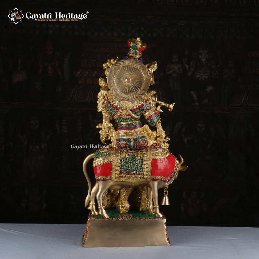 Brass Krishna with Cow – Intricate Stonework Statue | Gayatri Heritage