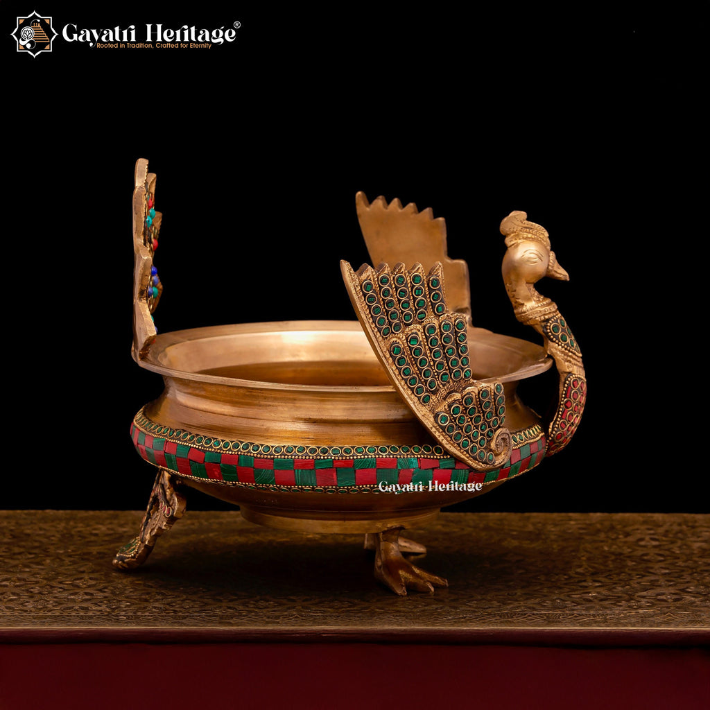 Brass Peacock Design Urli – Exquisite Stone Work Décor | Gayatri Heritage