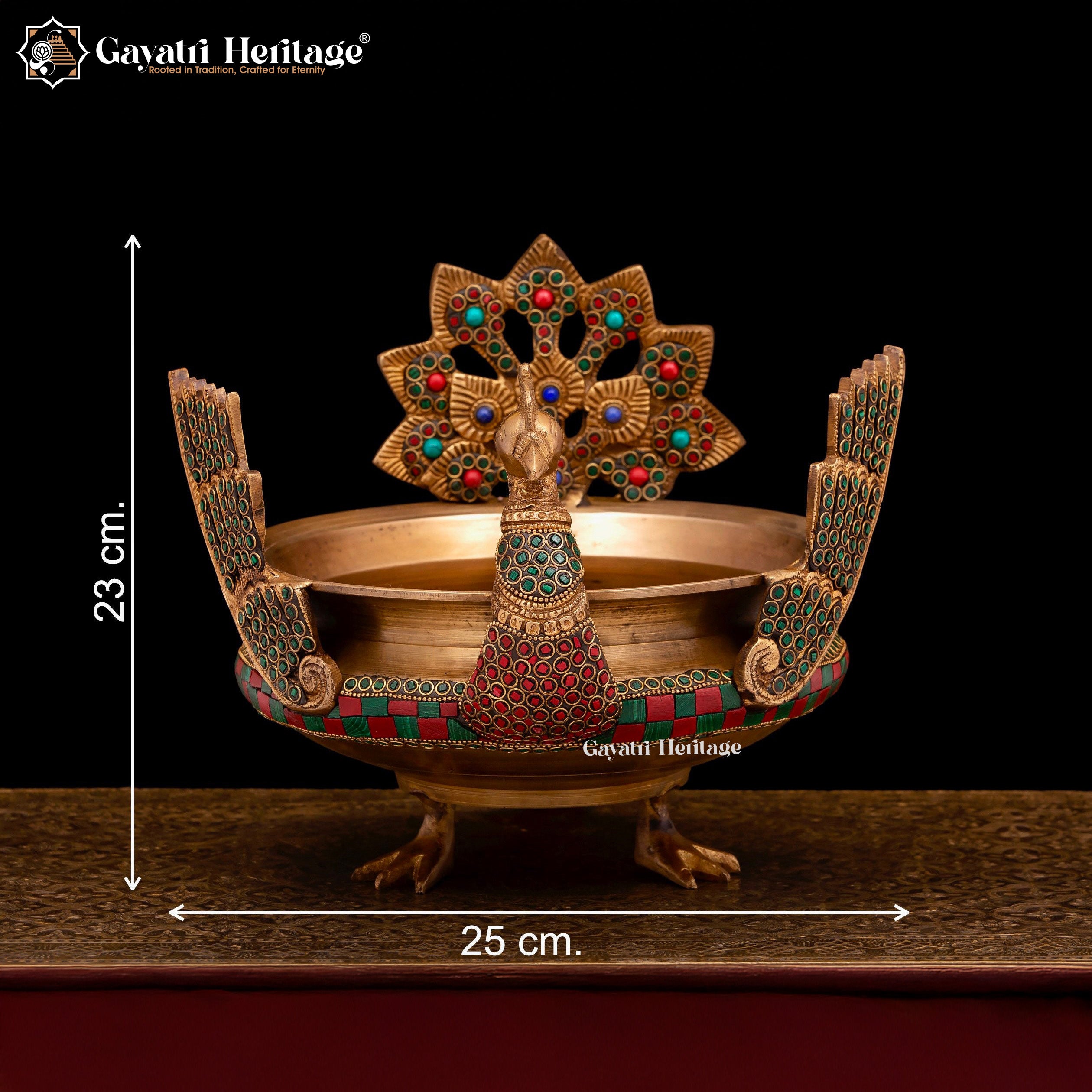 Brass Peacock Design Urli – Exquisite Stone Work Décor | Gayatri Heritage