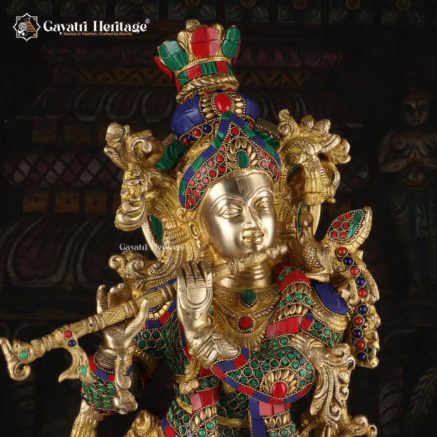 Brass Krishna with Cow – Intricate Stonework Statue | Gayatri Heritage