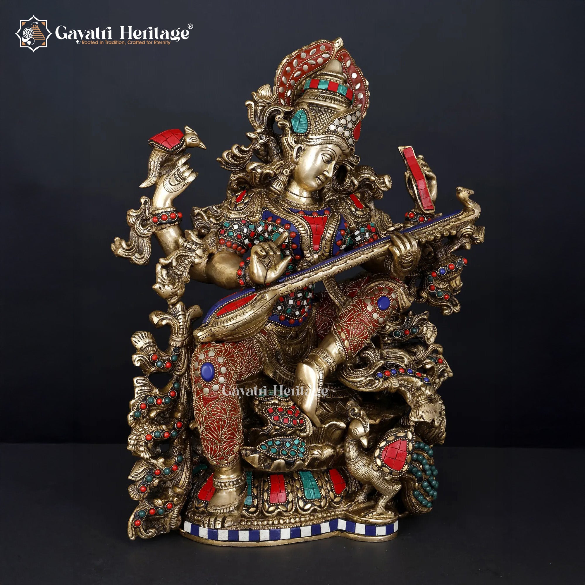 Brass Saraswati Idol with Stone Work – Divine Wisdom Statue | Gayatri Heritage