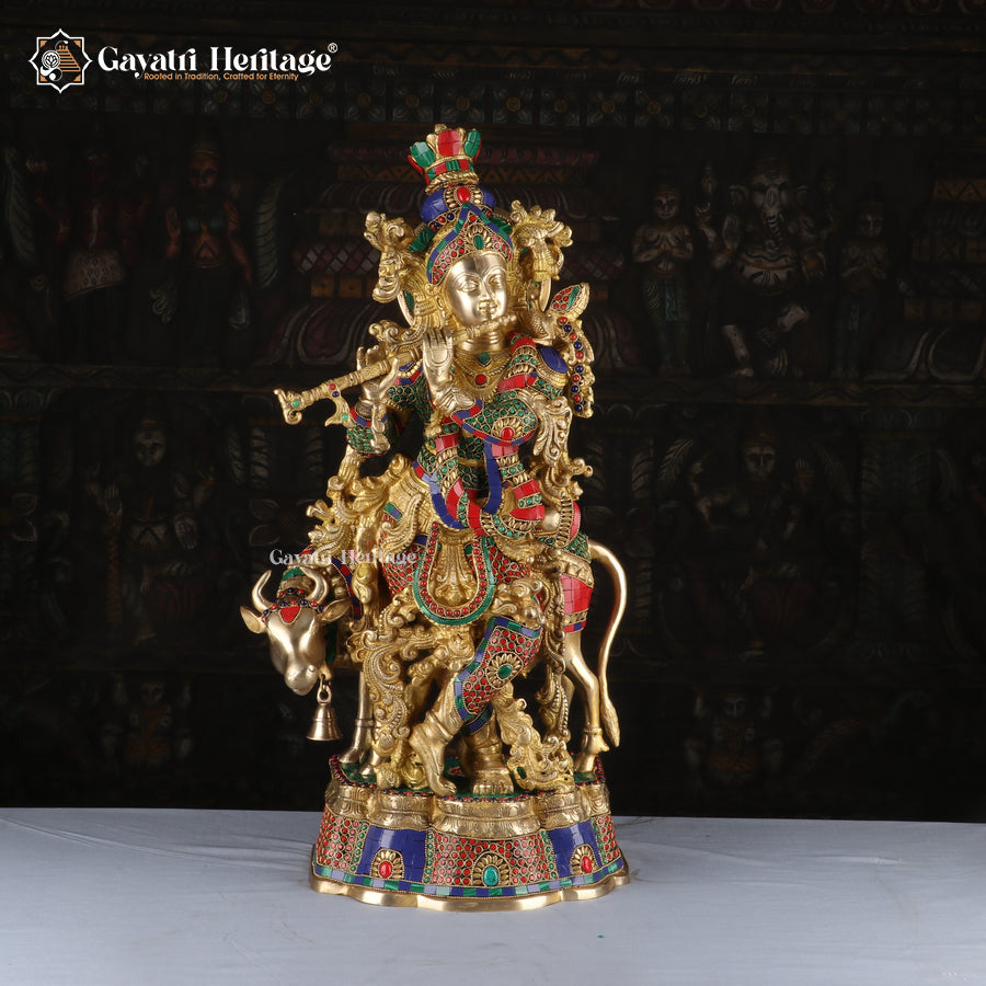 Brass Krishna with Cow – Intricate Stonework Statue | Gayatri Heritage