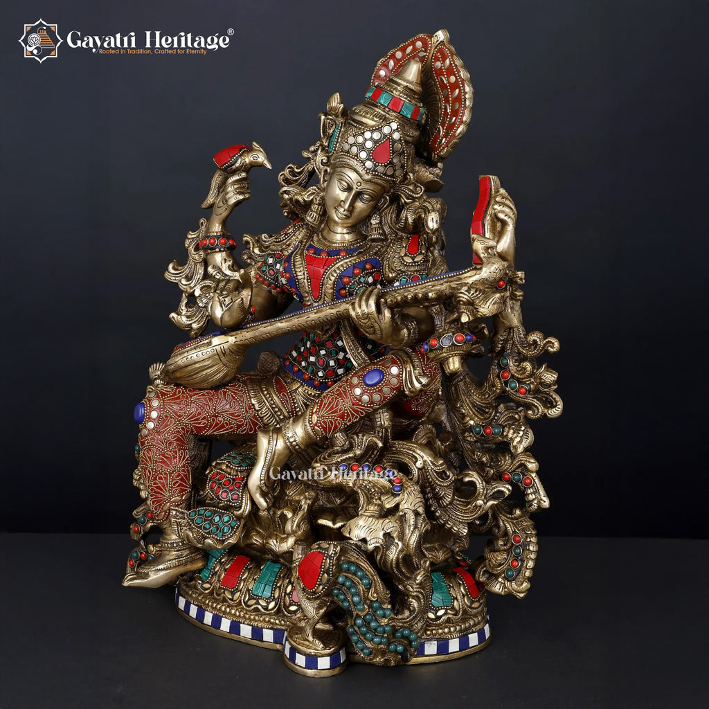 Brass Saraswati Idol with Stone Work – Divine Wisdom Statue | Gayatri Heritage