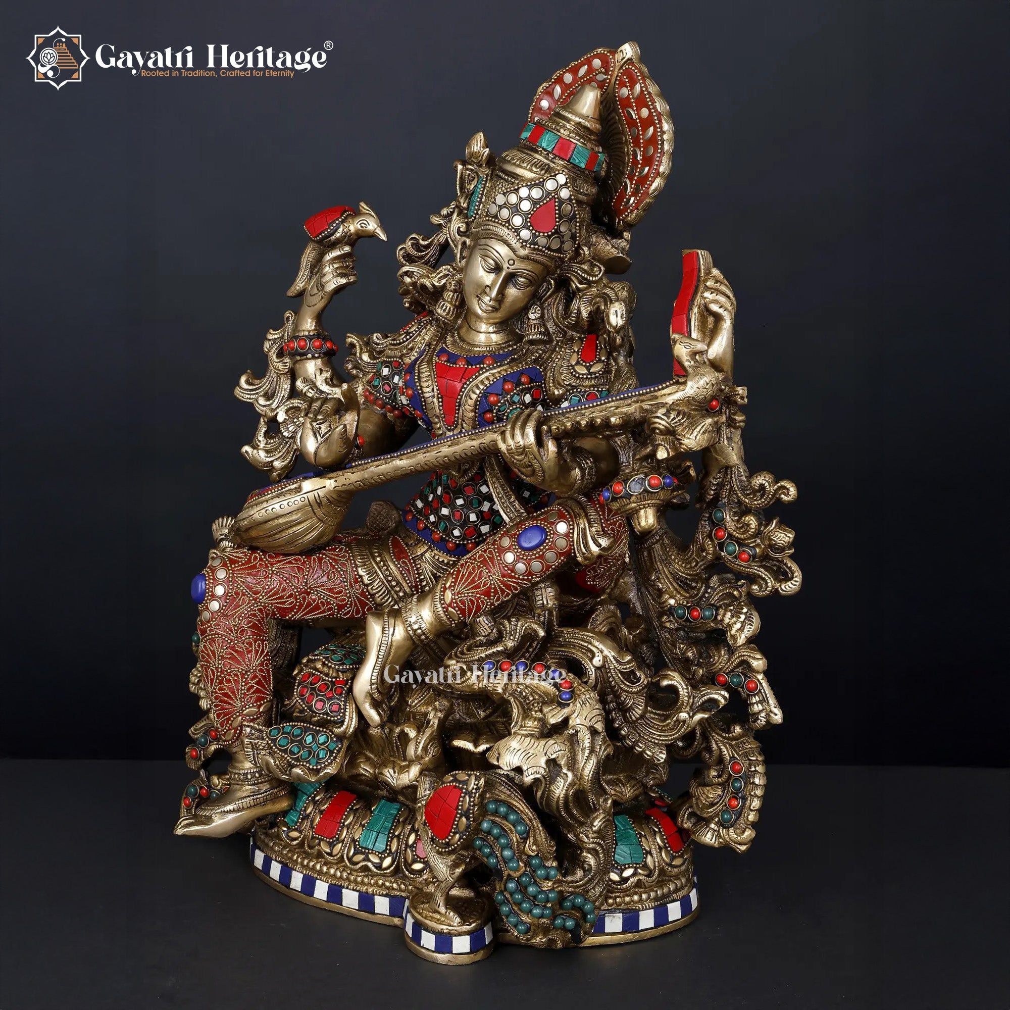 Brass Saraswati Idol with Stone Work – Divine Wisdom Statue | Gayatri Heritage