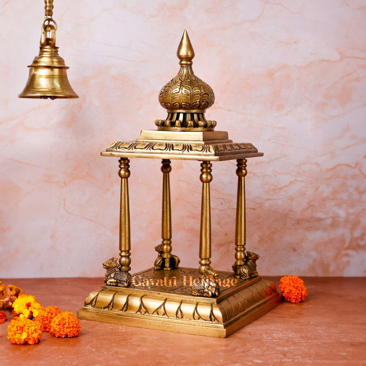 Brass Handmade Temple in Gold, Silver, & Brown – Divine Sanctuary | Gayatri Heritage