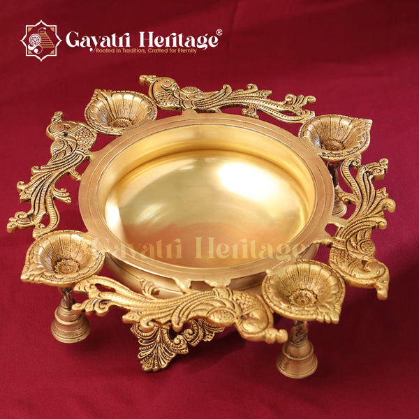 Brass Peacock Urli with Bell – Elegant Traditional Centerpiece | Gayatri Heritage