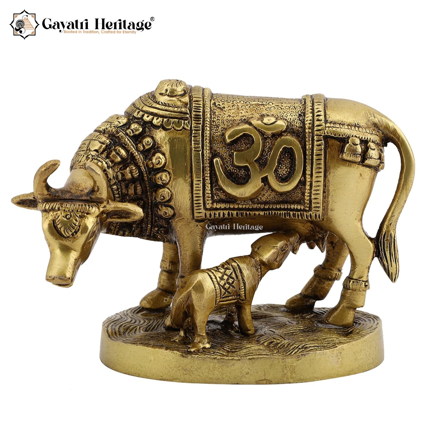 Brass Small Cow & Calf – Om & Swastika Engraved | Gayatri Heritage