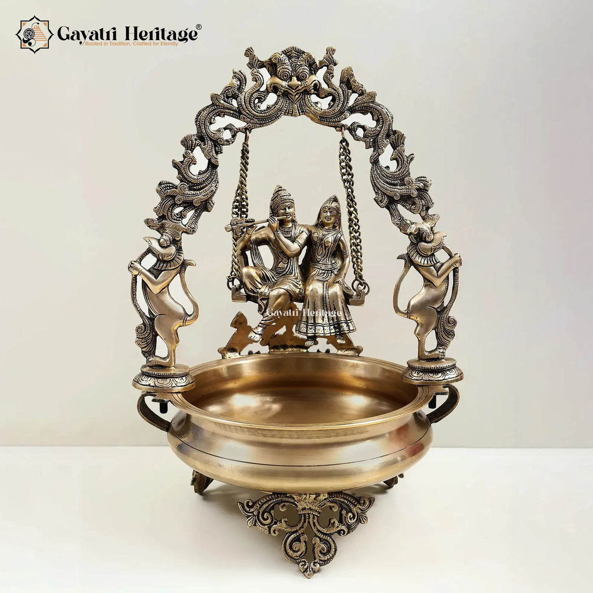 Brass Radha Krishna Swing Urli – Traditional Divine Décor | Gayatri Heritage