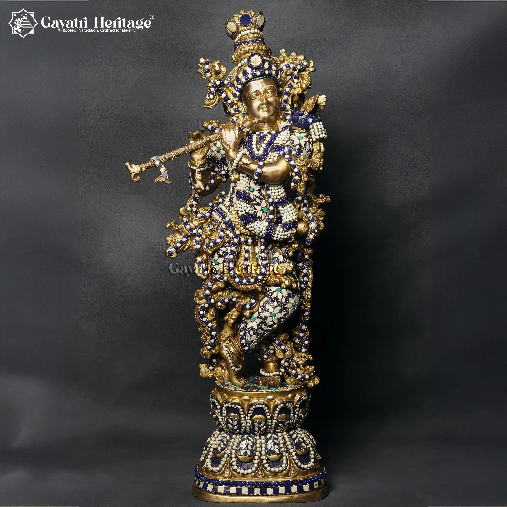 29" Krishna Brass Statue – Flute Playing Idol Inlay Work | Gayatri Heritage