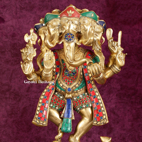 Brass Panchmukhi Ganesha – Stone Work Elegance | Gayatri Heritage