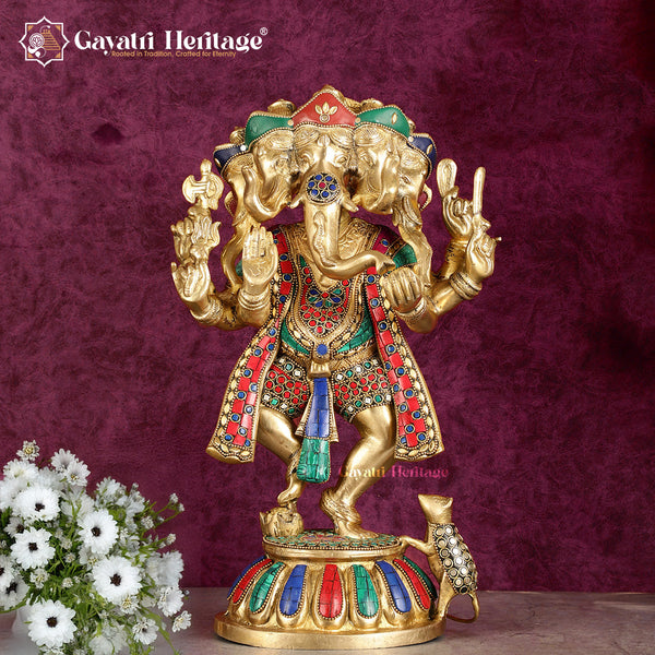 Brass Panchmukhi Ganesha – Stone Work Elegance | Gayatri Heritage