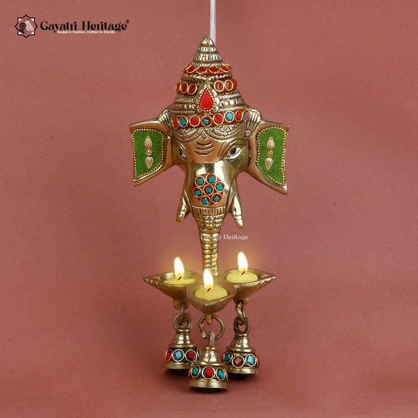 Brass Ganesh Head Wall Décor – Stone Work with Bells | Gayatri Heritage