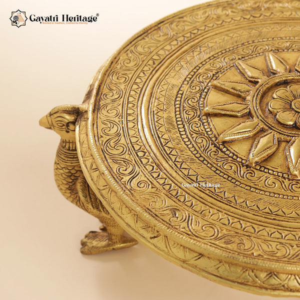 Brass Chowki with Peacock Pillars – Traditional Divine Décor | Gayatri Heritage