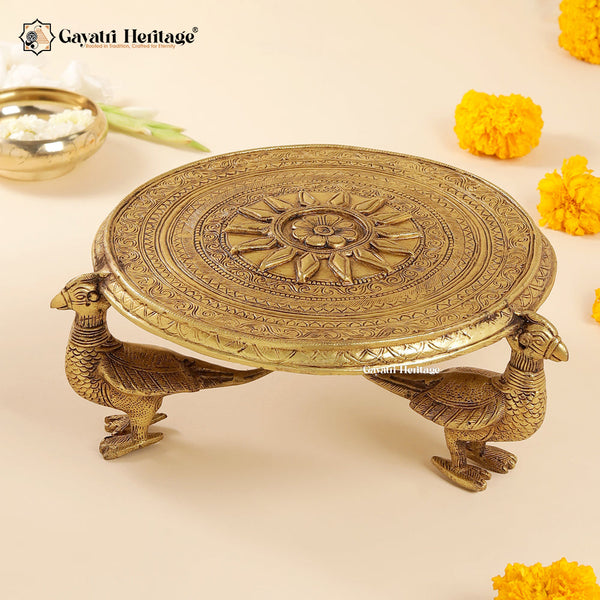 Brass Chowki with Peacock Pillars – Traditional Divine Décor | Gayatri Heritage