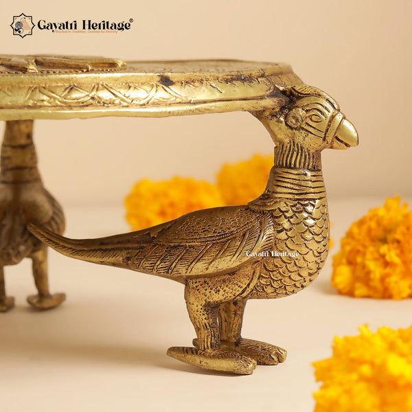 Brass Chowki with Peacock Pillars – Traditional Divine Décor | Gayatri Heritage