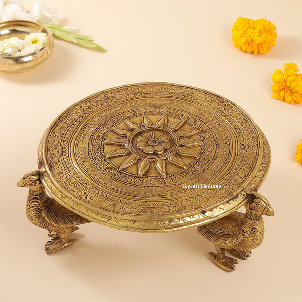 Brass Chowki with Peacock Pillars – Traditional Divine Décor | Gayatri Heritage