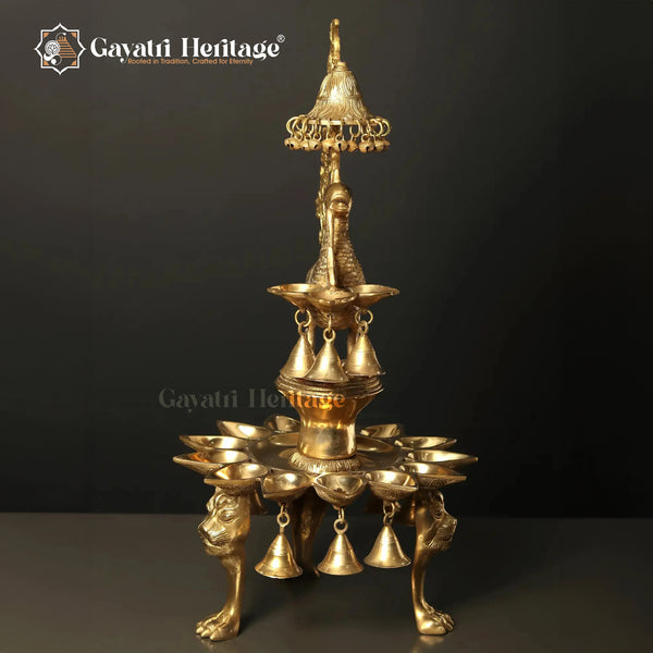 Brass Peacock Lamp with Multi Bells And Ghungroo