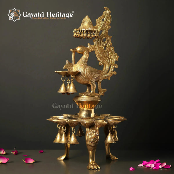 Brass Peacock Lamp with Multi Bells And Ghungroo